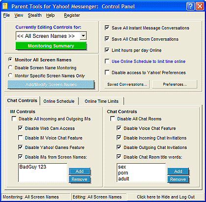 Parental Controls for Yahoo! Messenger Control Panel